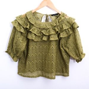 Feminine Calliope Olive Green Lace Ruffle Boho Crop Top Medium